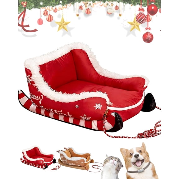 Christmas Dog Bed,Christmas Sleigh Dog Bed,Festive Plush Cosy DogBed,Funny Santa Sleigh Pet Beds,Soft Plush Washable Long-Lasting (Red,65x52x30 cm/25.6 * 20.5 * 11.8in)