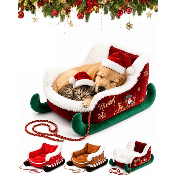 Christmas Dog Bed Sleigh, Cozy Holiday Pet Bed with Non-Slip Base for Small Dogs and Cats