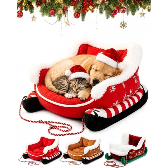 Christmas Dog Bed Sleigh, Cozy Holiday Pet Bed with Non-Slip Base for Small Dogs and Cats