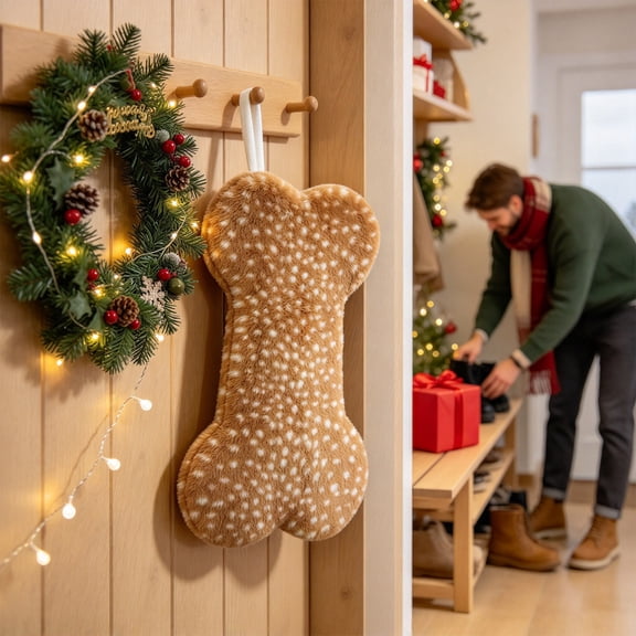 Christmas Dog Bone Stocking 16.1",Tan Deer Spot Faux Fur Pet Hanging Stocking for Fireplace Tree Mantel Window Holiday Decor