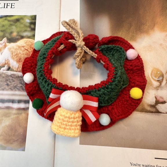 Christmas Dog & Cat Collar with Red & Green Stripes and Bell, Handmade Adjustable 13-21 Inch Cozy Knitted Collar for Small Dogs and Cats, Festive Holiday Decorative Accessory