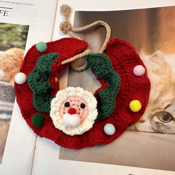 Christmas Dog & Cat Collar with Red & Green Stripes and Bell, Handmade Adjustable 13-21 Inch Cozy Knitted Collar for Small Dogs and Cats, Festive Holiday Decorative Accessory