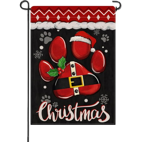 Christmas Dog Cat Paw Small Decorative Garden Flag, Xmas Holiday Yard Lawn Outside Decor, Burlap Outdoor Home Decoration Double Sided 12 x 18