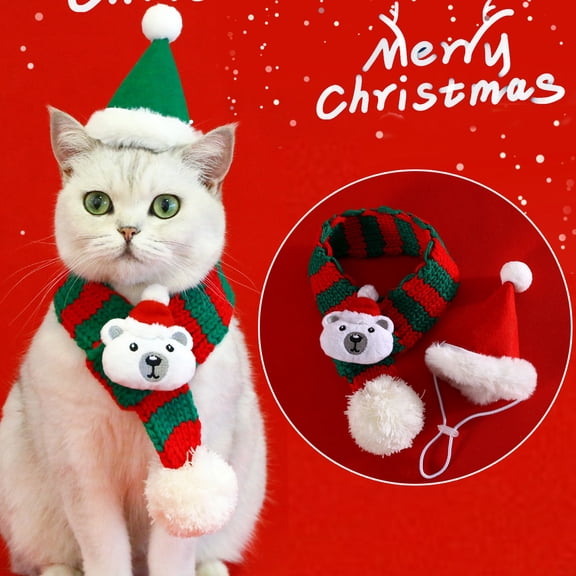 Christmas Dog Cat Santa Hat Scarf, Dog Winter Knitted Scarf, Pet Winter Neck Warmer Costume with Pompom Ball, Party Dressup Xmas Cute Decorate Gift for Small Breed Dogs Cats