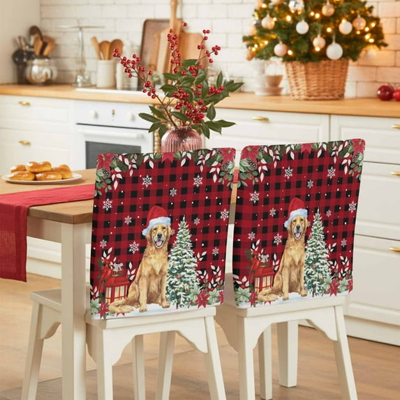 Christmas Dog Chair Covers Set of 4 Winter Snowflake Xmas Tree Poinsettia Plaid Chair Back Covers Stretch Removable Washable Slipcovers Protector for Dining Room Kitchen Party Decor