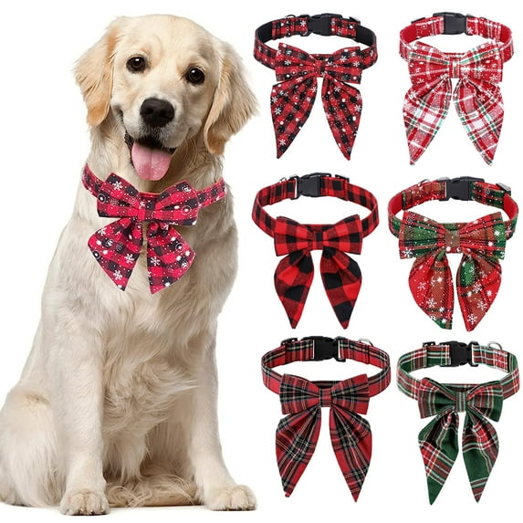 Christmas Dog Collar with Bow, Adjustable Cotton Red Plaid Bowtie Dog Christmas Collars for Small Medium Large Dogs Pets