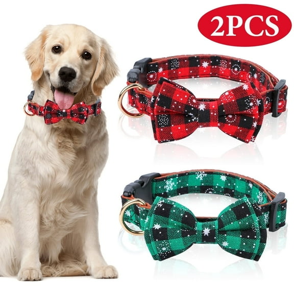 Christmas Dog Collar with Bow Tie Adjustable Dog Collar Red Green Plaid Dog Pet Bowtie Collars for Dogs Medium 2 Pcs