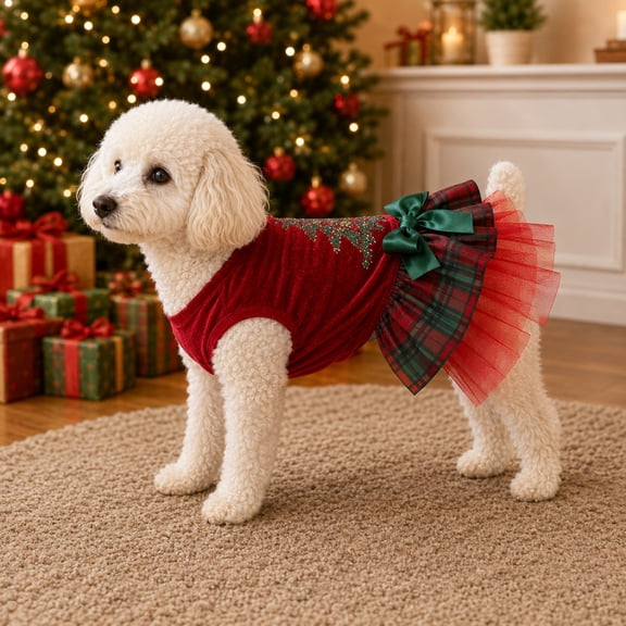 Christmas Dog Dress, Festive Plaid Tulle Skirt Pet Holiday Costume, For Small Dog Girls,Fuzzy,Cozy,Cute,Lovely,Pretty(M)
