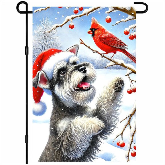 Christmas Dog Garden Flag Double Sided 12x18 Inch Outdoor Winter Holiday Yard Banner with Santa Hat and Snow Scene for Garden Patio Lawn Home Decoration