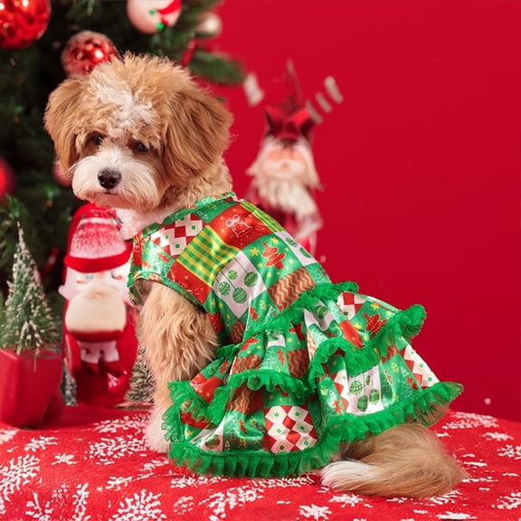 Christmas Dog Green Dress Xmas Pet Skirt Breathable Dogs Tutu Cats Costume Checkered Doggie Outfits Hoodie for Christmas Spring Festival New Year PartyM