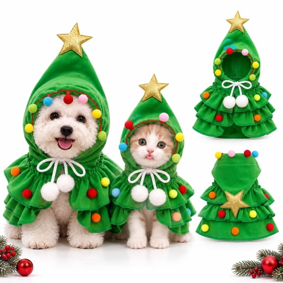 Christmas Dog Green Reindeer Costume Outfits for Holiday, Pet Xmas Cape with Star Hood Pet Clothes, Cozy Wear Christmas Clothes for Small Dogs Cats