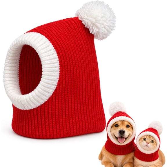 Christmas Dog Hat Crocheted Snood Funny Pet Cap with Pompon Red Warm Winter Dog Hat Knit Snood Headwear for Pets