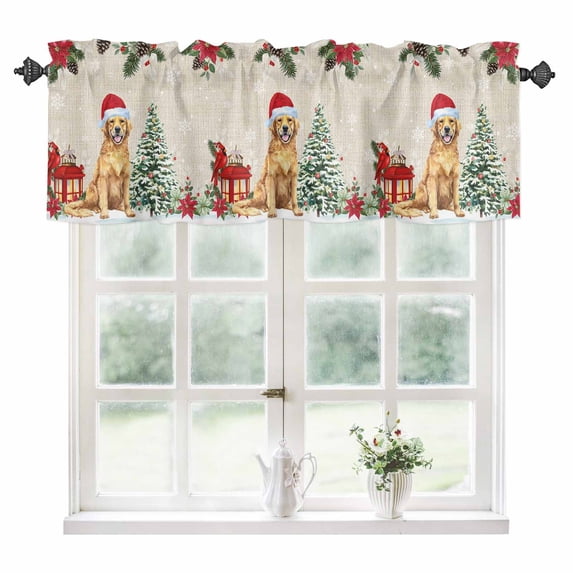 Christmas Dog Kitchen Valances for Windows 42x12 Inch Kitchen Curtains Valances Rod Pocket Xmas Tree Poinsettia Botanical Linen Texture Bathroom Window Valances for Window Treatment Decor