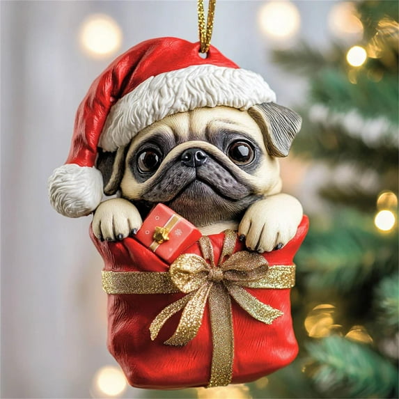 Christmas Dog Ornament 2D Flat Acrylic - Cute Puppy Pendant for Tree Window, Lightweight Holiday Keepsake and Car Tags Gift