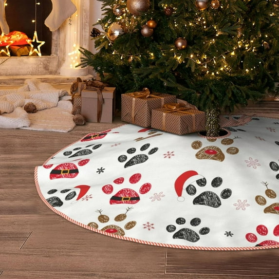 Christmas Dog Paw Christmas Tree Skirt 30 Inches Vintage Xmas Tree Skirts Mat for Winter Happy New Year Merry Christmas Xmas Holiday Party Decorations Indoor Outdoor