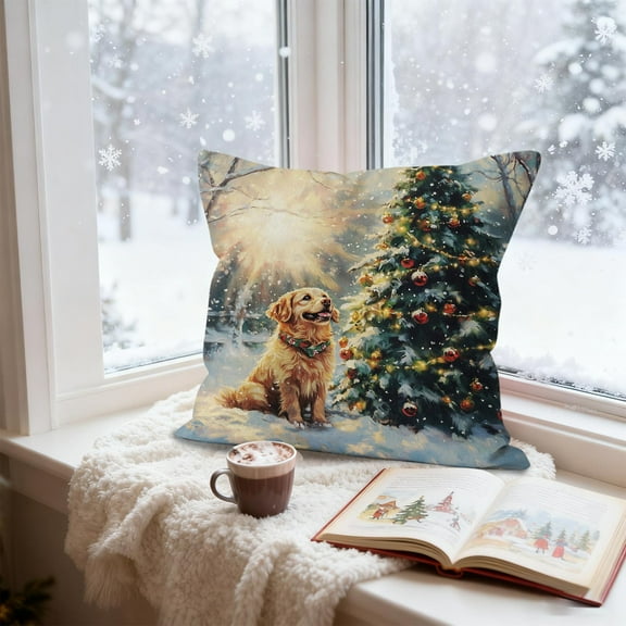 Christmas Dog Pillow Cover - Washable Throw Cushion Case, Holiday Puppy Print for Sofa Home Festive Decor Gift