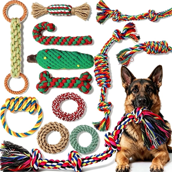 Christmas Dog Rope Toy Set, 4 Pack Cotton Tug Toys for Aggressive Chewers