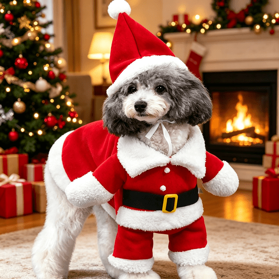 Christmas Dog Santa Costume Outfit ,Funny Dog Clothes, Santa Claus Hat, Easy Pullover, Slight Stretch, Soft Warm Fabric, Adjustable Band, for Xmas Party New Year