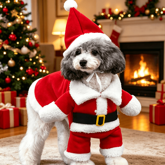 Christmas Dog Santa Costume Outfit ,Funny Dog Clothes, Santa Claus Hat, Easy Pullover, Slight Stretch, Soft Warm Fabric, Adjustable Band, for Xmas Party New Year