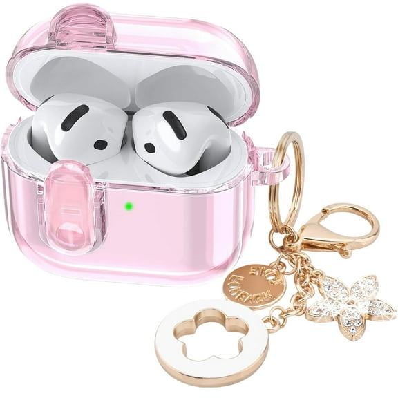 Transparent protective case with safety lock, suitable for fourth generation iPod 4 protective case, Apple 4 headphone protective case, shiny women's keychain (pink)