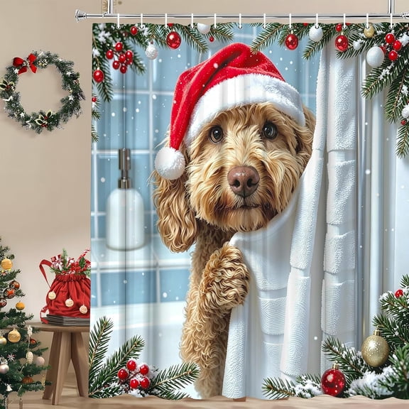 Current Hooks Spring Goldendoodle Shower Curtain Set with Hooks, Funny Puppy and ...