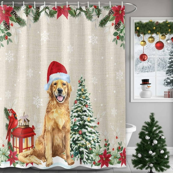 Christmas Dog Shower Curtains for Bathroom, Winter Snowflake Christmas Tree Poinsettia Waterproof Fabric Shower Curtain for Bathroom Bathtub Decoration, Machine Washable, 36"x72"