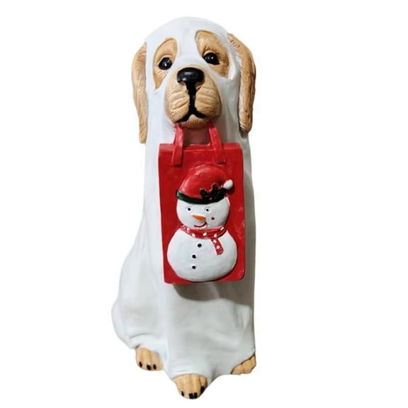 Christmas Dog Statue Resin Garden Decoration, with Snowman Bag, Christmas Snowman Gift Bag Hand Outdoor Decor, for Patio Yard Christmas Holiday Decoration Gift