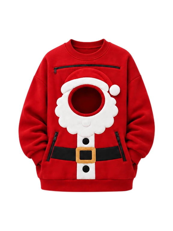Christmas Dog Sweater, Pet Carrier Sweatshirt with Santa Claus Pet Pouch, Xmas Cat Hoodie Alternative Crewneck Red