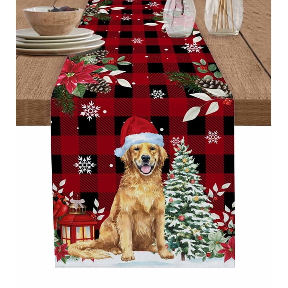 Christmas Dog Table Runner 48 Inches, Xmas Tree Poinsettia Botanical Red Buffalo Plaid Bed Runner Dresser Scarves Tabletop for Indoor Outdoor Parties/Ceremony/Banquet, 13" x 48"