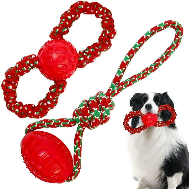 Christmas Dog Toys, 2 Pack Cotten Dog Rope Toys with Rubber Ball, Dog