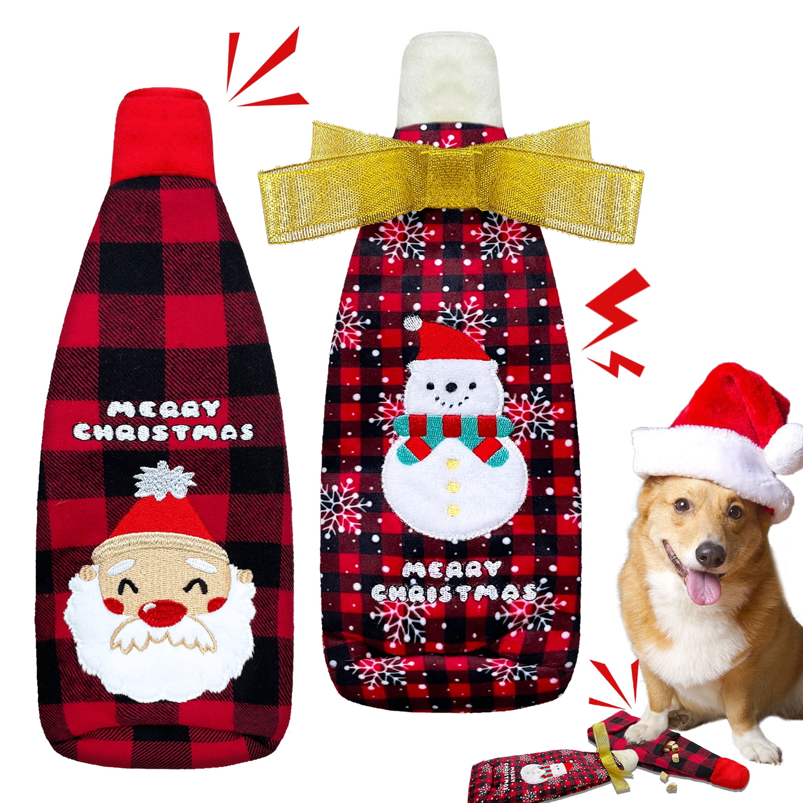 Christmas Dog Toys, 2 Pack No Stuffing Dog Toys with Treat Dispensing & Squeak & Crinkle, Dog