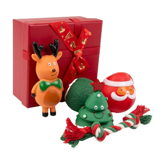 Christmas Dog Toys, Christmas Pet Toys, Interactive Durable Holiday Dog Chew Toy Set with Tennis Ball Santa Claus Christmas Tree Deer and Sturdy Rope, Safe, Easy to Clean, Perfect Christmas Gift