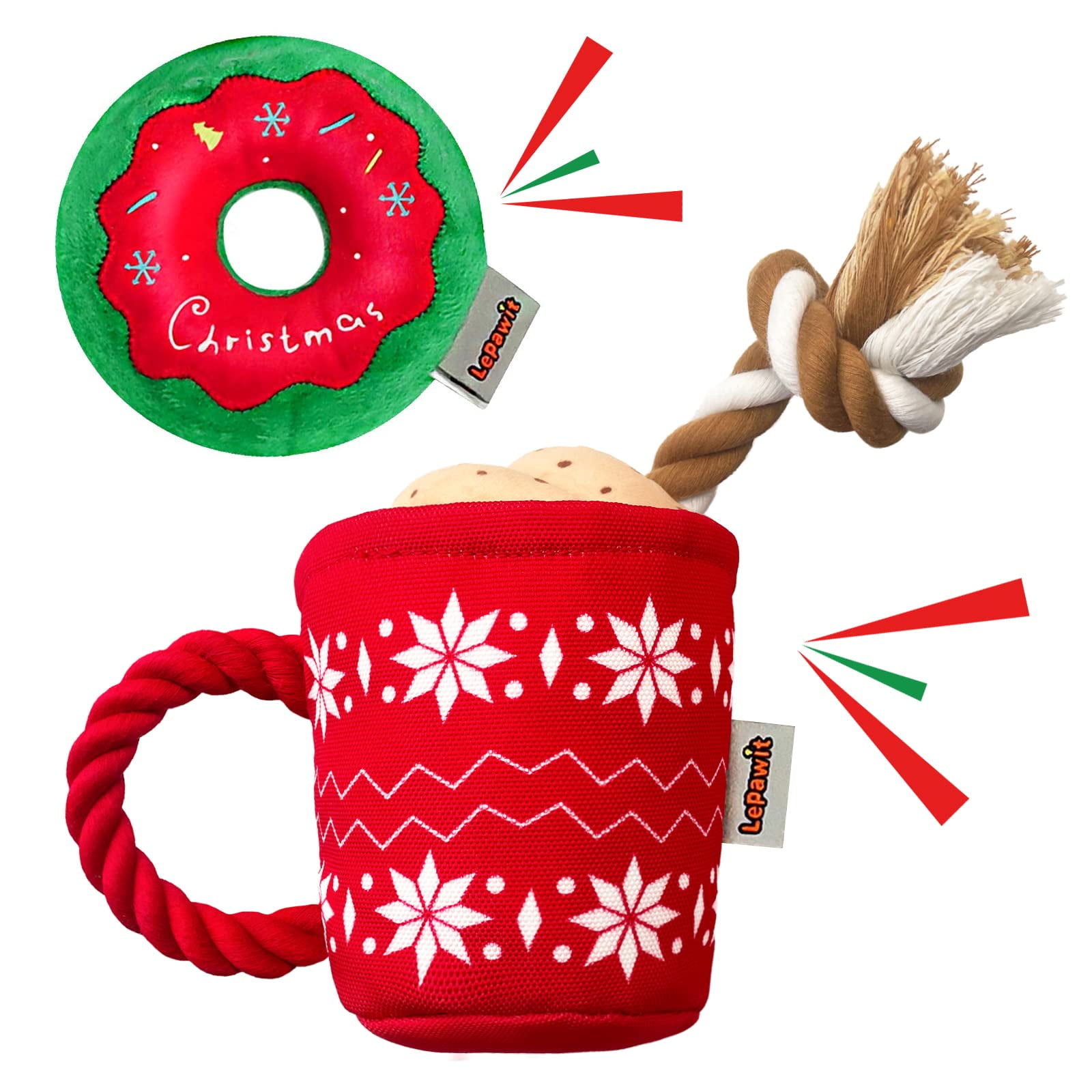 Christmas Dog Toys with Squeaker, 2 Pack Interactive Mug Plush Tug of ...