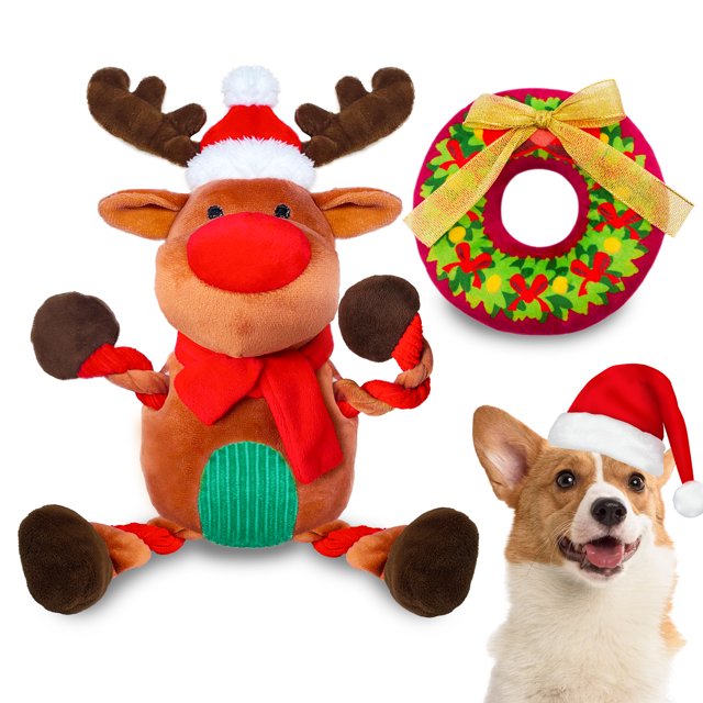 Christmas Dog Toys, Squeaky Plush Dog Toys with Rope, Dog Gifts for