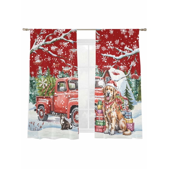 Christmas Dog Winter Truck Pine Tree Berry Snowing Red Sheer Curtains 63 inches Long, Light Filtering Sheer Window Curtains Rod Pocket Voile Drapes for Bedroom Living Room, 2 Panels 52"W x 63"L