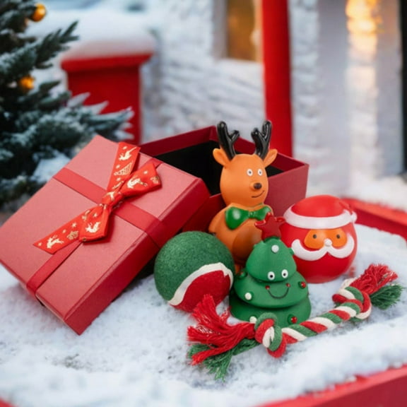 Christmas Dog and Cat Toy Gift Box – 5PCS Holiday Pet Chew Toys Set with Rope, Ball, Santa, Tree, Reindeer – Teething Toys for Small & Medium Dogs