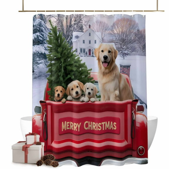 Christmas Dogs Bathroom Shower Curtain Merry Christmas Trucks Tree Winter Snow Scene Waterproof Washable Shower Curtains for Bathtub Bath Decor with Grommets and Hook 36 X 72 Inch