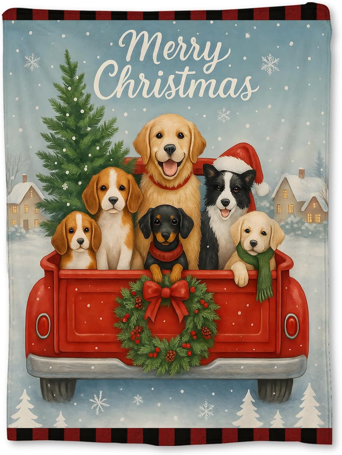 Christmas Dogs Blanket, Soft Lightweight Flannel Cute Puppies in Red Truck Blanket for Couch, Bed, Travel & Home Decor, Cozy Warm Fuzzy Holiday Blankets Gifts for Women Women Dog Lovers 60×50 in
