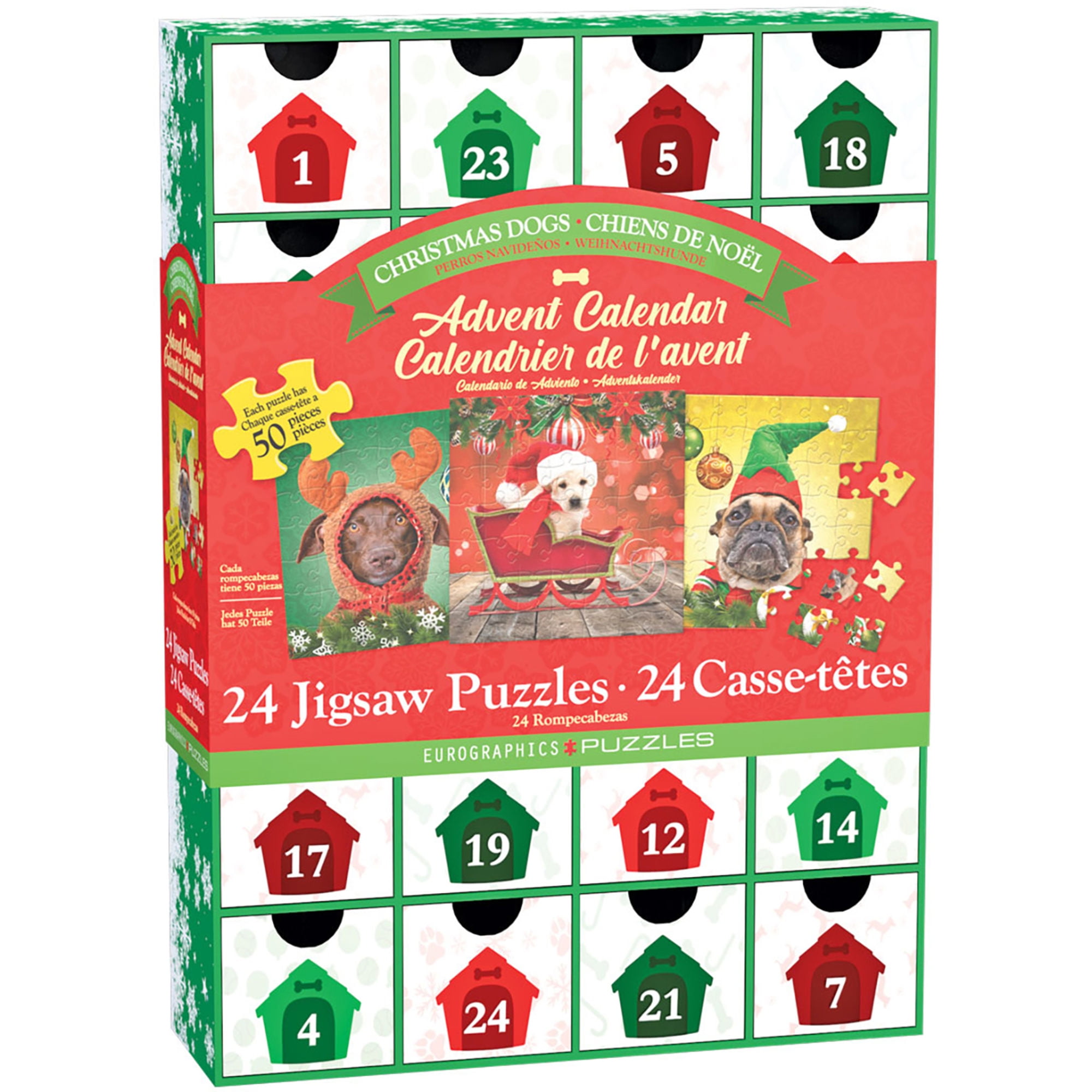 Eurographics: Puzzle Advent Calendar: Christmas Dogs - 24 Daily Unique Individual Jigsaws, 5x5" 50pc Each, 1200pcs Total, Holiday Countdown Gift