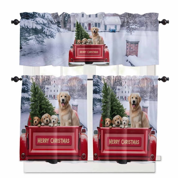 Christmas Dogs Kitchen Curtains and Valances Set, Merry Christmas Trucks Tree Winter Snow Scene Rod Pocket Window Valance Window Curtain Panels for Living Room Bedroom Laundry, 27.5x36in, 3 Pieces