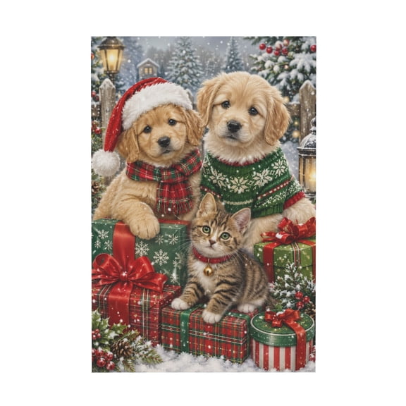 Christmas Dogs and Cat Canvas Wall Art for Living Room Bedroom Bar Wall Decor 12*18in