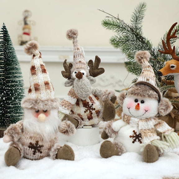 Christmas Doll Plush Knitted Snowman Elk Santa Doll Toy Soft Sitting Christmas Figure Desktop Decor Stuffed Holiday Pillow for Window Bookshelf