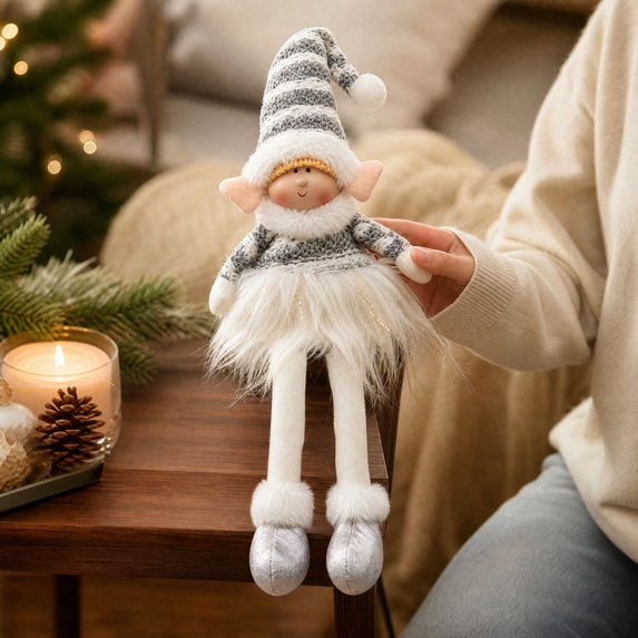 Christmas Doll with Striped Knit Hat and Long Legs, Tabletop Ornament for Indoor Scene Decor, Mantel, Shelf, Tiered Tray and Home Display, Gray