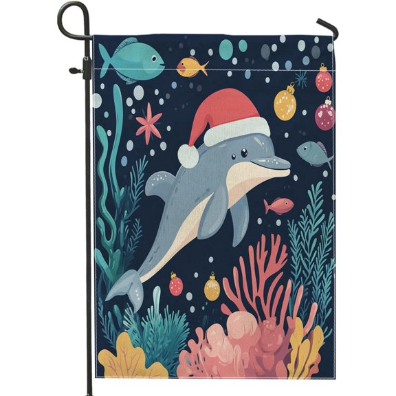 Christmas Dolphin Garden Flag 12x18 Inch Fun Cartoon Ocean Sea Vertical Linen Holiday Sealife Yard Lawn Outdoor Decoration