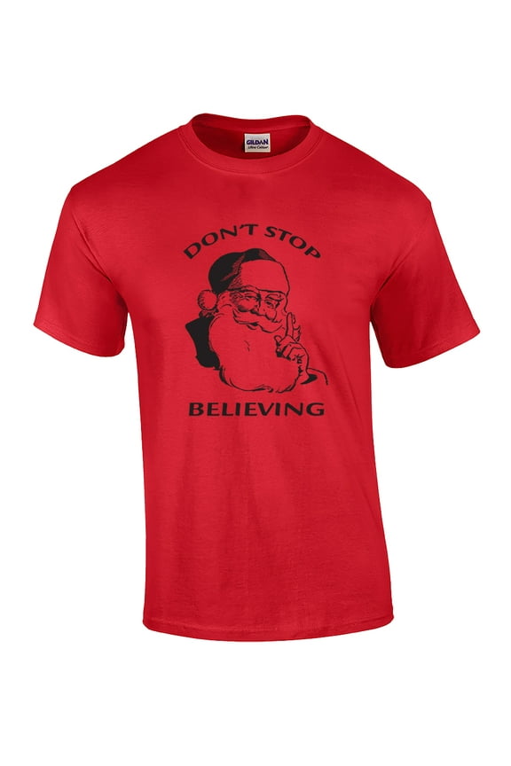 Christmas Don't Stop Believing Santa Graphic Holiday Adult Short Sleeve T-shirt-Small Red