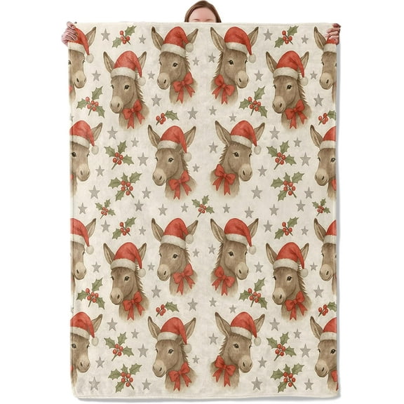 Christmas Donkey Blanket Gifts for Women Adults Girls Kids, Cute Donkey Faces with Santa Hats Flannel Blankets for Bedroom, Camping, Couch, Room Decor, Fuzzy Warm Soft Cozy 40 x 50 in