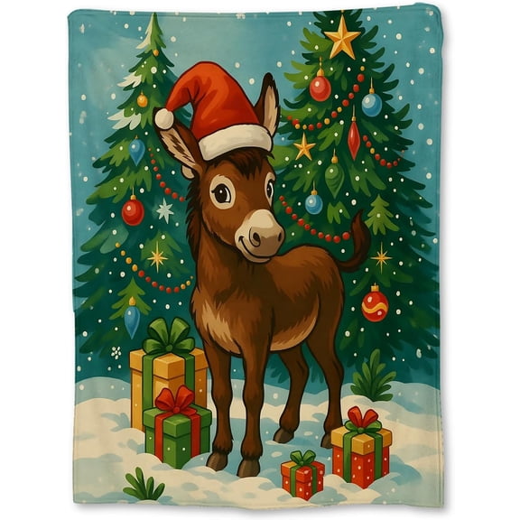 Christmas Donkey Blanket with Santa Hat, Soft Lightweight Flannel Holiday Blanket for Couch, Bed, Travel & Farmhouse Decor Gifts, Cozy Warm Winter Festive Blankets for Women Women 80×60 in