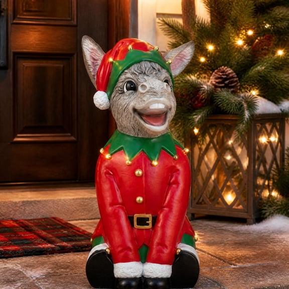 Christmas Donkey Elf Resin Statue, Cute Sitting Donkey in Elf Costume Figurine, Festive Indoor Outdoor Holiday Porch Yard Christmas Decoration