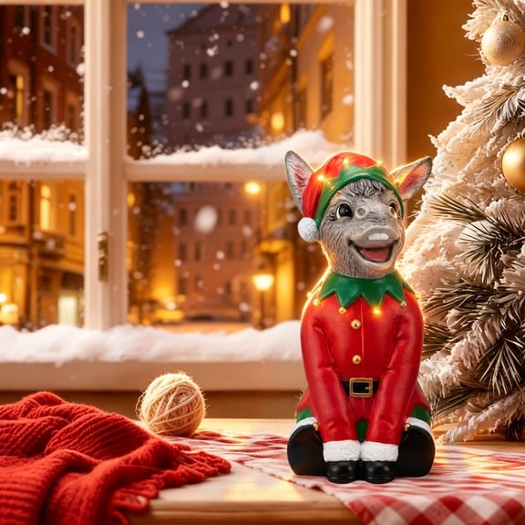 Christmas Donkey Resin Statue, 7.87" Light Up Donkey Figurine, Xmas Animal Sculpture, Elf Costume Donkey Ornament, Battery Powered Glowing Tabletop Figure, Cute Christmas Animal Decoration