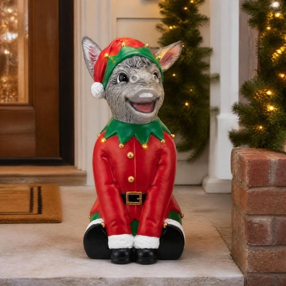 Christmas Donkey Statue, Resin Sitting Donkey Figurine for Indoor Outdoor Yard Porch Holiday Decor